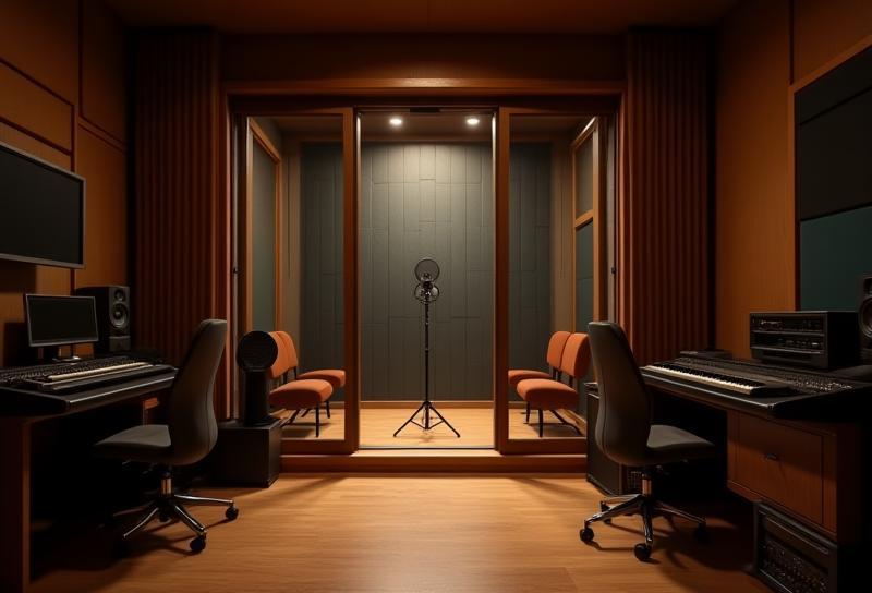 Visão interna do estúdio de gravação da Brasil Áudio Produções, mostrando a sala de controle e cabine vocal