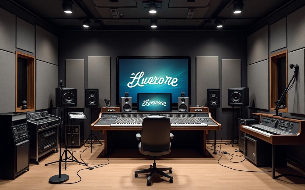 Estúdio de áudio profissional com microfones e mesa de mixagem