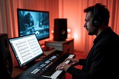 Imagem representando composição musical para filme com teclado e partitura