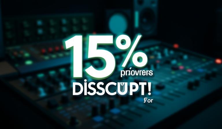 Gráfico promocional destacando desconto de 15% em frente a equipamento de áudio